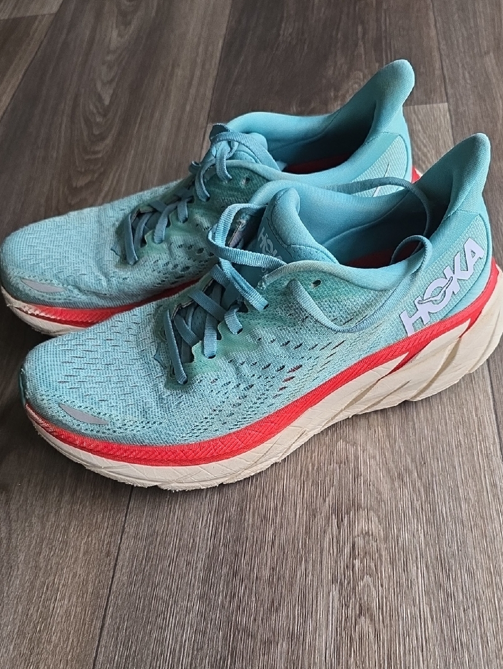 Hoka Clifton 8  Women's Sneakers in Teal with Coral Trim